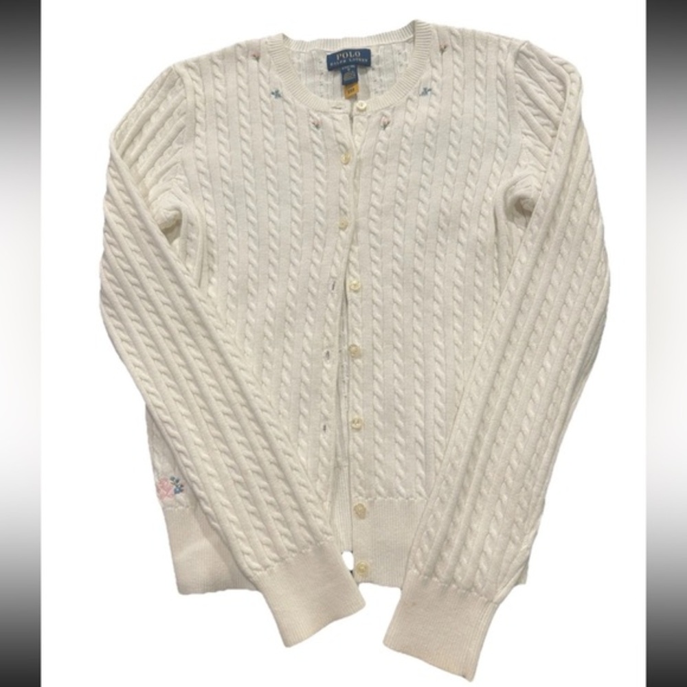 Polo by Ralph Lauren Ivory Cable-Knit Button Cardigan with Floral Detail